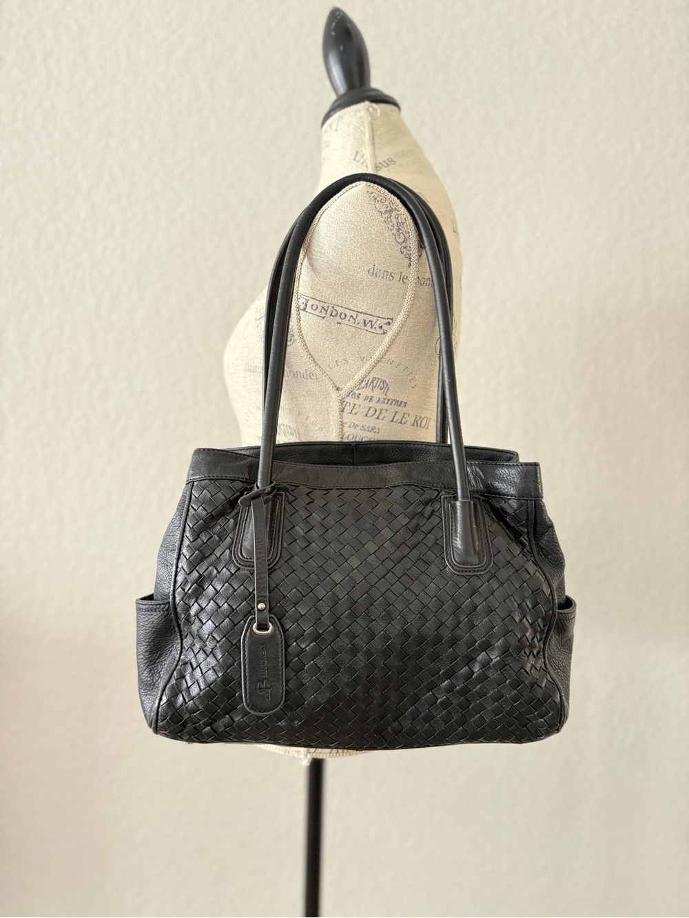 b. makowsky Black Woven Leather Shoulder Tote